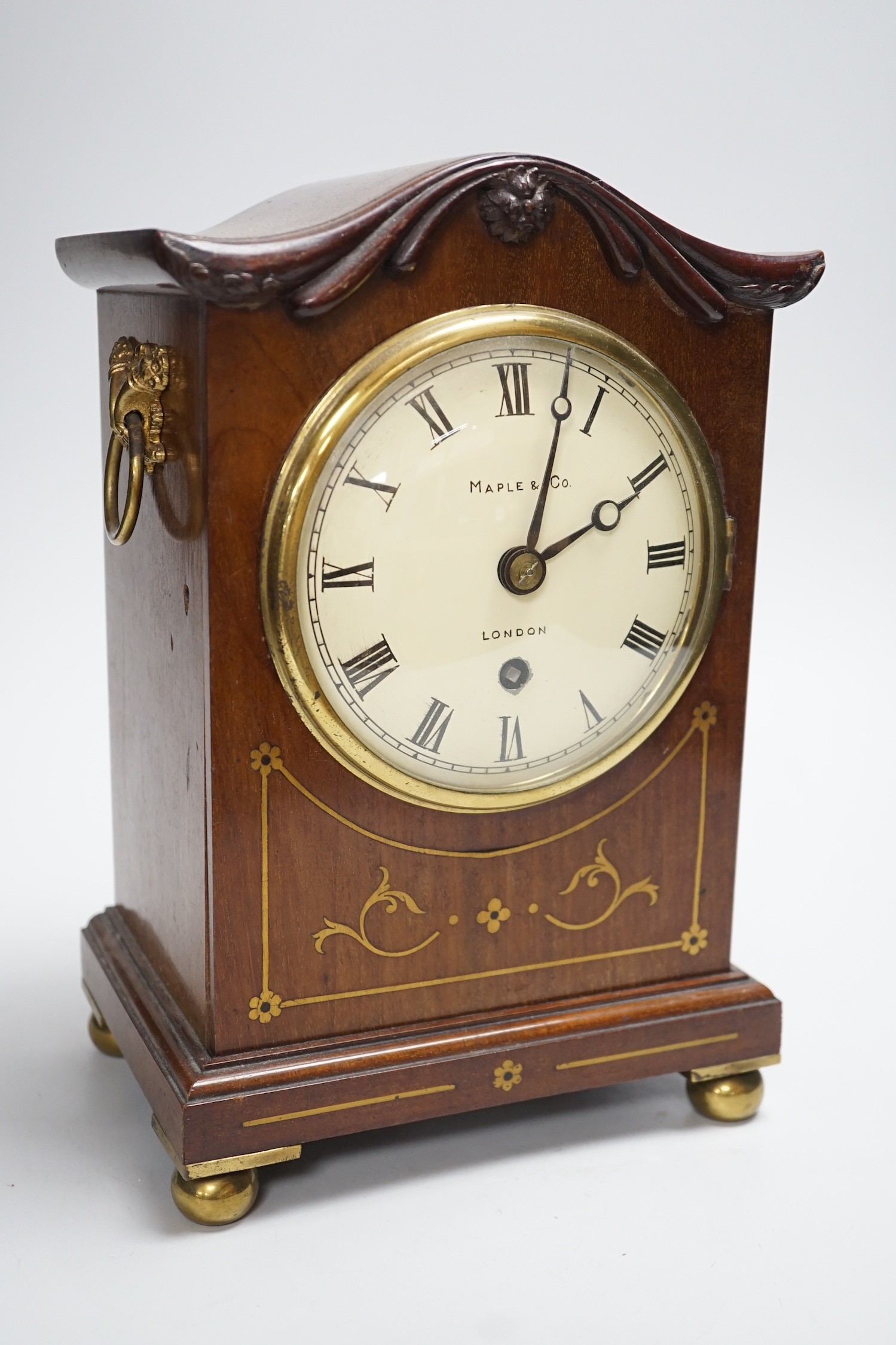A brass strung mahogany mantel clock, dial signed Maple & Co, London, 28cm